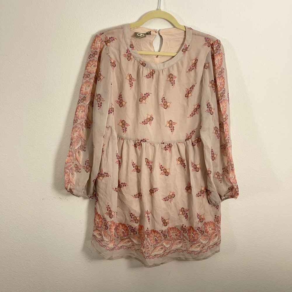 Anthropology One September M Boho Long Sleeve Light Pink Floral Pattern Blouse